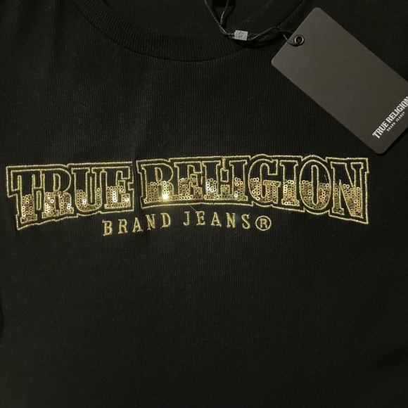 True Religion Womens Lettuce Rib Sequin Cropped Tee Black Gold Logo Glam Large - Picture 7 of 7